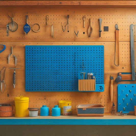 A pegboard with various tools and accessories arranged in a visually appealing way, featuring different peg types, hooks, and bins in a mix of wood and metal materials.