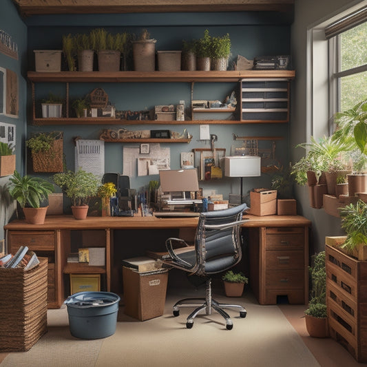 A cluttered garage with a desk and chair in the corner, surrounded by boxes, tools, and office supplies, transformed into a organized home office with a clean desk, labeled storage bins, and a few plants.