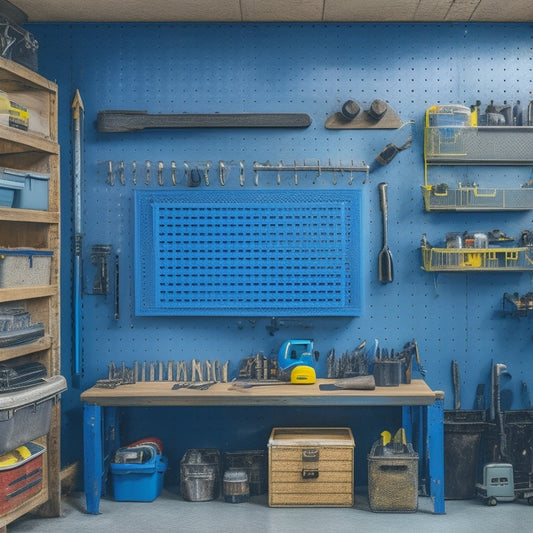 A well-organized garage with a large pegboard on the wall, holding various tools and accessories, including a drill, level, wrench, and bins, with a workbench and toolbox in the background.