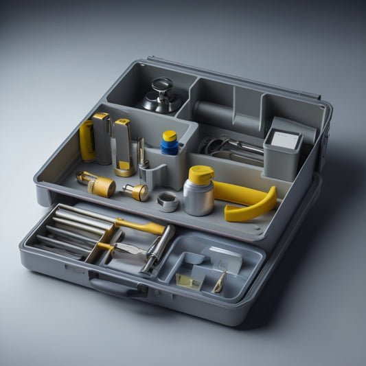 A clutter-free, organized toolbox with a removable tray, dividers, and adjustable compartments, containing a curated selection of plumbing tools, pipes, and fittings, set against a clean, light-gray background.