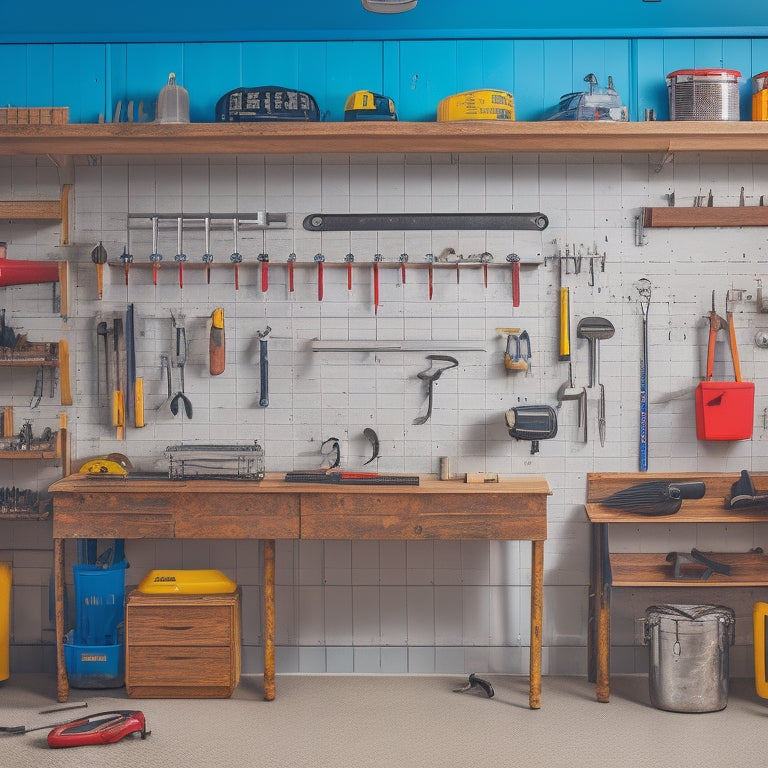 A neatly organized garage workshop with a large pegboard on the wall, holding various tools and accessories, including a hammer, level, and screwdrivers, with a workbench and toolbox below.