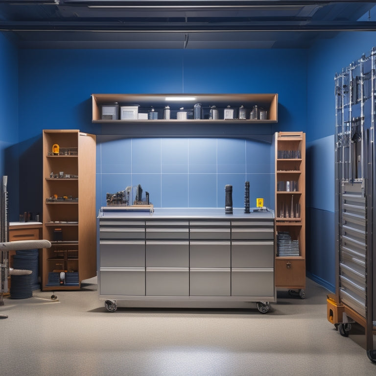 A clutter-free workshop with a large, sleek rolling tool storage cabinet in a metallic finish, surrounded by neatly arranged tools and machinery, set against a clean, well-lit background.