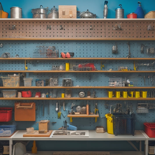 A clutter-free workshop with a custom pegboard system featuring a mix of hooks, bins, and shelves in a cohesive color scheme, with various tools and accessories neatly organized and easily accessible.