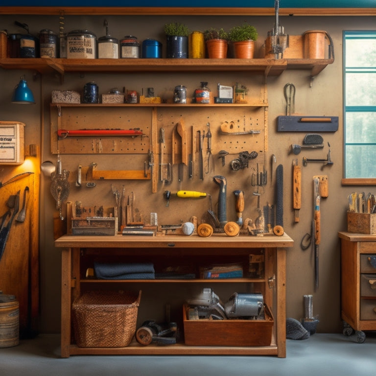 A well-organized garage workspace with a wooden tool chest featuring a pegboard on the top, surrounded by various DIY tools and accessories, with a few wrenches and screwdrivers hanging from the pegs.