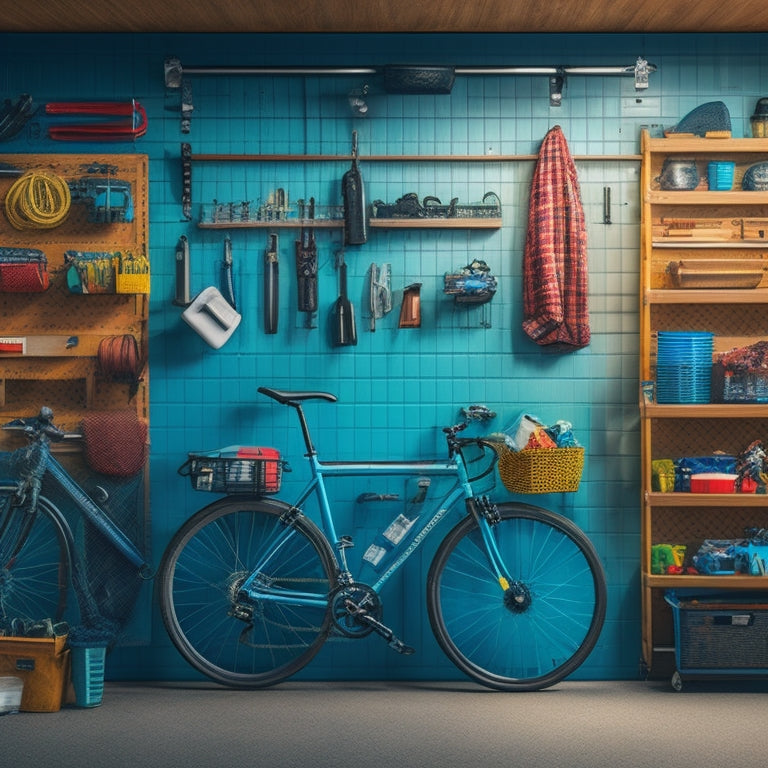 A well-organized garage with a pegboard on the wall, adorned with various hooks holding tools, bikes, and accessories, against a clean and bright background, with a subtle shadow effect.