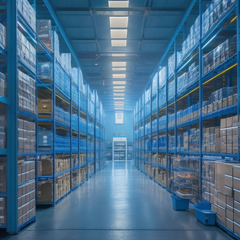 A futuristic, well-lit warehouse with rows of sleek, towering shelving units, each featuring transparent bins, color-coded labels, and robotic arms retrieving parts with precision.