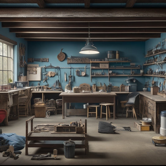 A cluttered garage with a blank wall, then a series of 7 numbered scenes depicting a workbench's construction: framing, installing a fold-down mechanism, adding a countertop, and final touches.