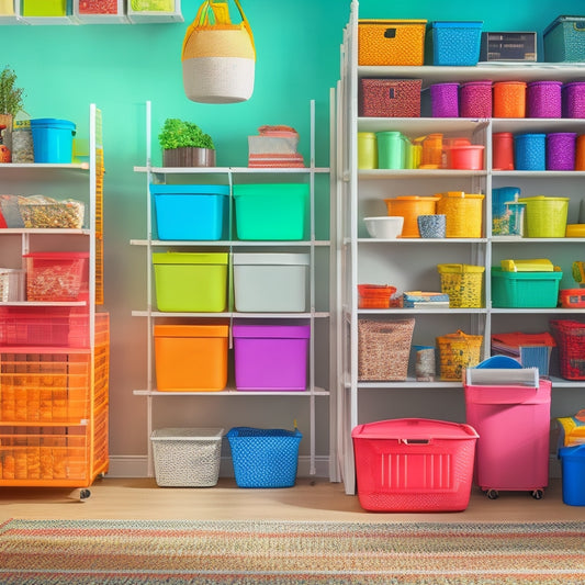 A tidy, light-filled room with a variety of colorful, stackable bins in different shapes and sizes, filled with neatly arranged household items, arranged on shelves and on the floor.