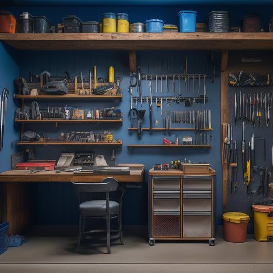 A clutter-free garage with a pegboard on the back wall, holding organized rows of wrenches, pliers, and screwdrivers, alongside a nearby workbench with a sliding metal toolbox and a stack of labeled plastic bins.