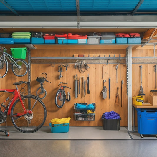 A clutter-free garage with a slatwall, bins, and hooks, featuring a parked car, a workbench with tools organized on a pegboard, and a ceiling-mounted bike storage system.