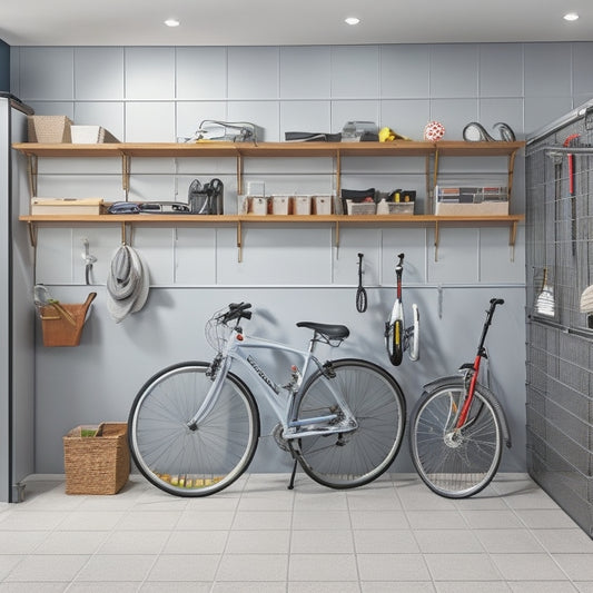 A well-organized garage with sleek, gray cabinets, slatted shelving, and a pegboard adorned with tools, baskets, and bins, set against a clean, white background, with a few bicycles and sports equipment neatly hung from the ceiling.