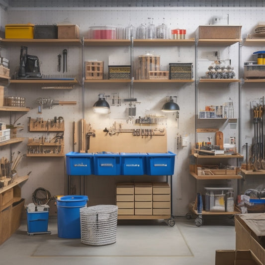 A tidy workshop with a pegboard on the left, holding neatly arranged tools and accessories, and a modular shelving unit on the right, storing labeled bins and boxes.
