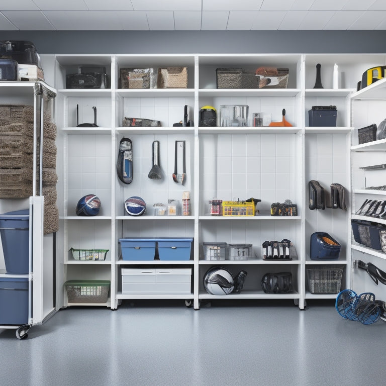 A tidy garage with white walls, grey epoxy-coated floor, and a row of 5-7 wall-mounted storage bins in various sizes, filled with neatly organized tools, sports equipment, and household items.