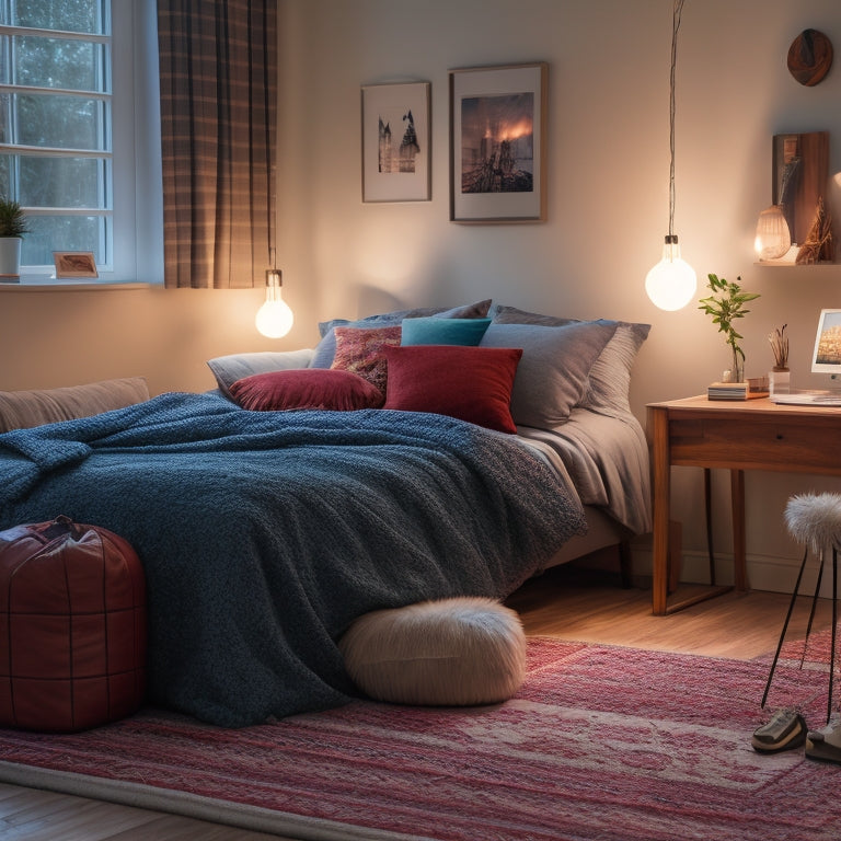 A cozy college dorm room with a plush area rug, a comfortable oversized bean bag chair, a string of fairy lights, and a minimalist desk with a few well-organized books.