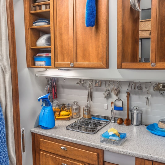 A cluttered RV interior with various keys scattered on countertops, hanging from hooks, and hidden in drawers, contrasted with a neat and organized key storage system in the corner, with labeled keychains and a small lock.