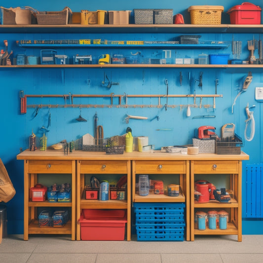 A clutter-free workshop with a pegboard on the wall, organized tools in labeled bins, a rolling cabinet with drawers, and a workbench with a vice and a few strategically placed hooks.