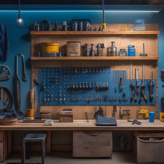 A brightly lit workshop with a wooden pegboard on a wall, holding various tools like wrenches, pliers, and screwdrivers, organized by type and size, with a few empty hooks and bins for customization.