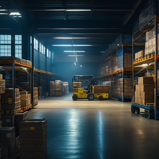 A dimly lit warehouse with rows of industrial shelving units, some stationary and others on wheels, with various sizes and configurations, surrounded by pallets, crates, and warehouse workers in the background.