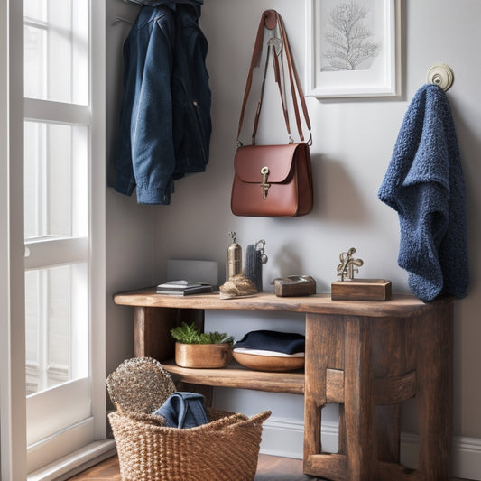 A cluttered, compact entryway with a tiny table, chair, and coat hooks, surrounded by scattered keys, with a few clever key storage solutions peeking out, such as a magnetic strip and a small key hook.