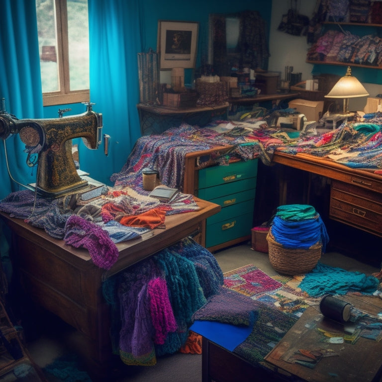 A cluttered sewing room with tangled threads, scattered fabric scraps, and overturned sewing machines, surrounded by chaos, with a single, serene sewing machine in the center, spotlit and organized.