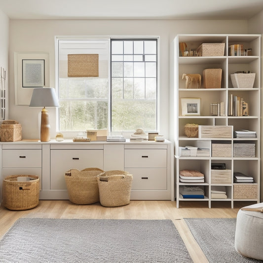 A tidy, minimalist room with a mix of open and closed shelving units, woven baskets, and clear storage bins, showcasing various organized spaces, including a desk, bookcase, and closet.
