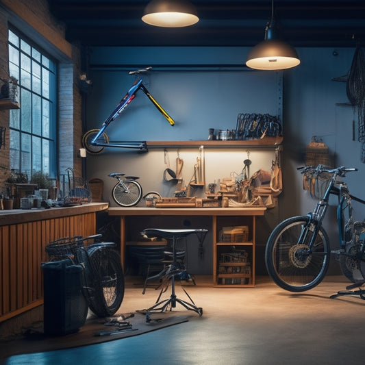 A well-lit, clutter-free workshop with a sleek, black bike suspended from a ceiling-mounted stand, surrounded by an assortment of premium, chrome-plated tools laid out on a wooden workbench.