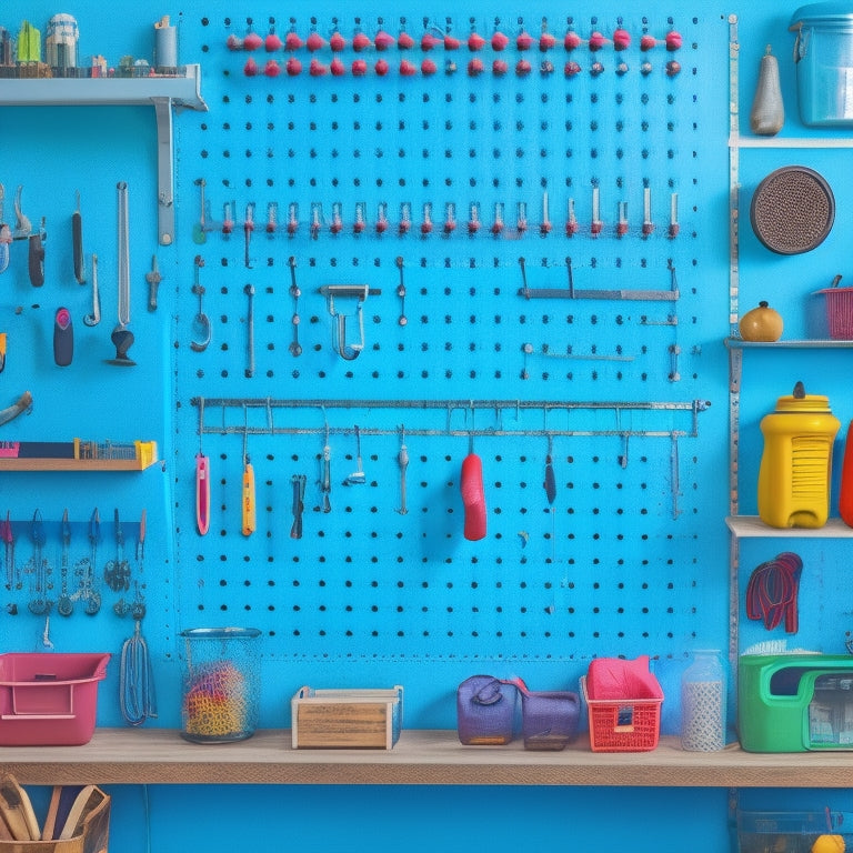 A pegboard wall with various hooks, bins, and tools organized in a colorful and visually appealing way, surrounded by a tidy workshop or garage with a few DIY projects in progress.