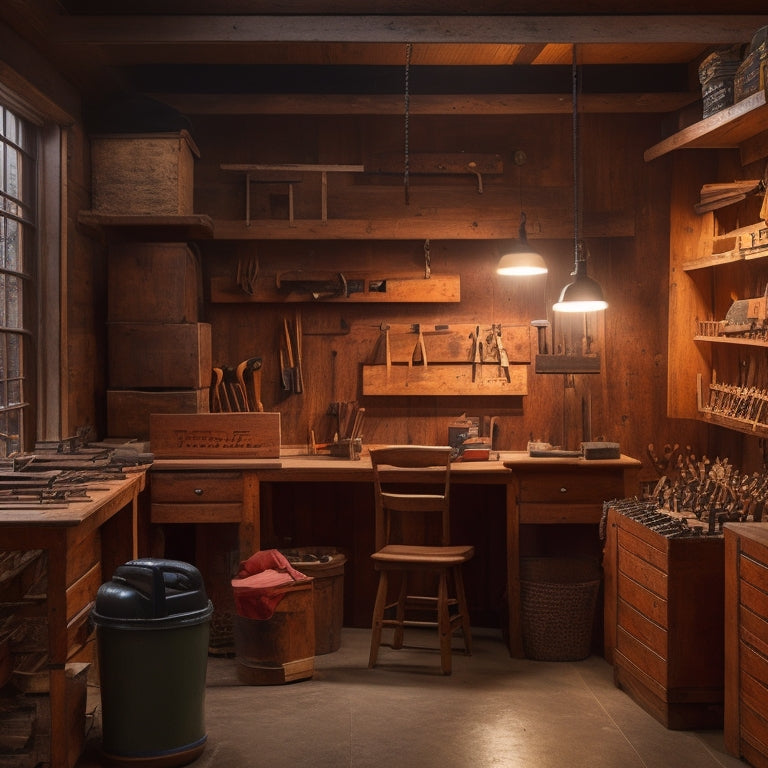 A well-lit woodworking shop with a central workstation, surrounded by organized tool chests, labeled bins, and a pegboard with neatly hung hand tools, against a clean and clutter-free backdrop.