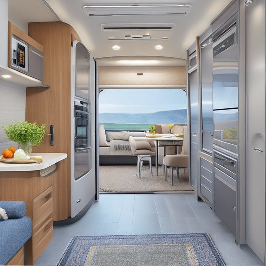 An illustration of a sleek, modern RV with a partially open side door, revealing a clutter-free interior with clever storage solutions, such as retractable shelves and hidden compartments.