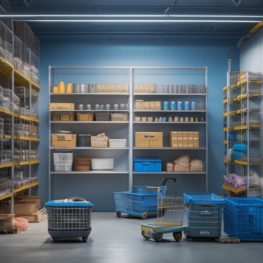 A well-lit, modern warehouse setting with a sleek, silver pegboard cart at center, adorned with various bins, baskets, and hooks, surrounded by tools and equipment, with a subtle gradient background.