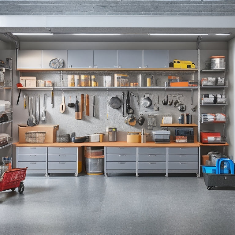 A well-organized garage with sleek, silver hanging cabinets of varying sizes and styles, filled with tools, accessories, and storage bins, against a clean, gray concrete background.