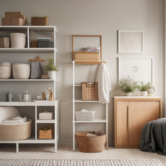 A tidy, minimalist room with a few wall-mounted shelves, baskets, and hooks in a soft, calming color scheme, showcasing organized storage in a compact, clutter-free space.