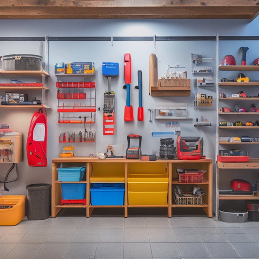 A tidy, well-lit garage with a pegboard on the left, holding various tools and gadgets, and a shelving unit on the right, stacked with labeled storage bins and a few tools on top.