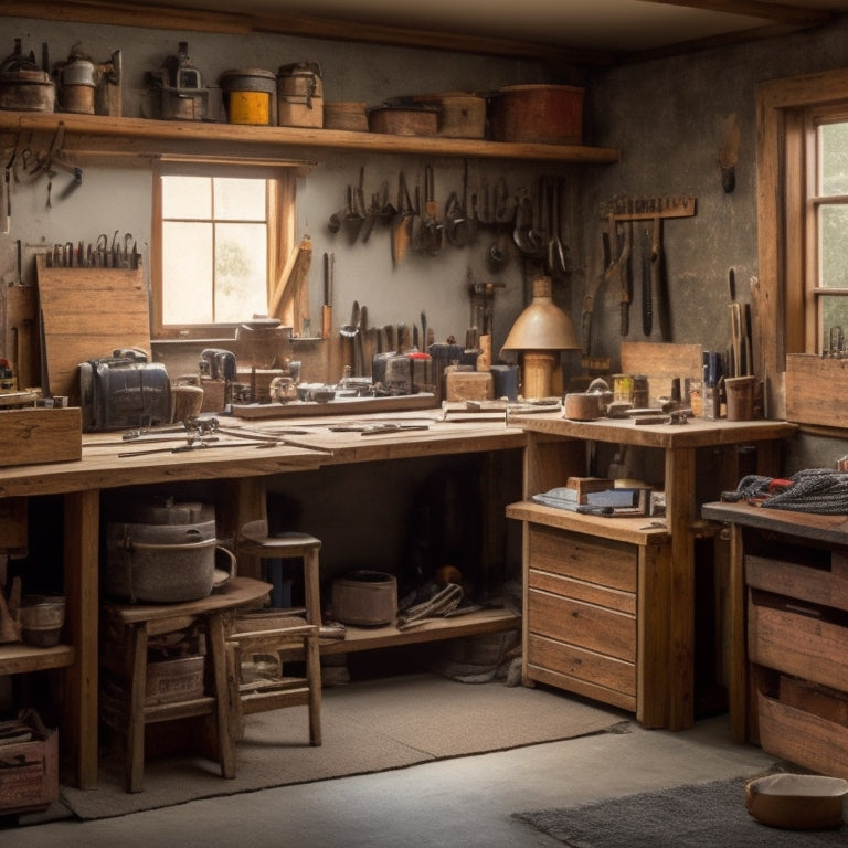 A clutter-free workshop with a wooden workbench, surrounded by organized tool organizers and drawers in various sizes, with neatly arranged hand tools, power tools, and materials.