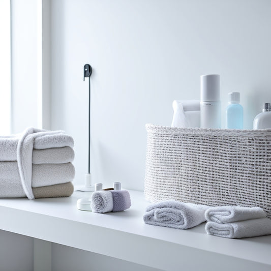 A modern, minimalist room with a sleek, white wall-mounted basket in the center, holding a few rolled towels and a few toiletries, with a subtle shadow effect.