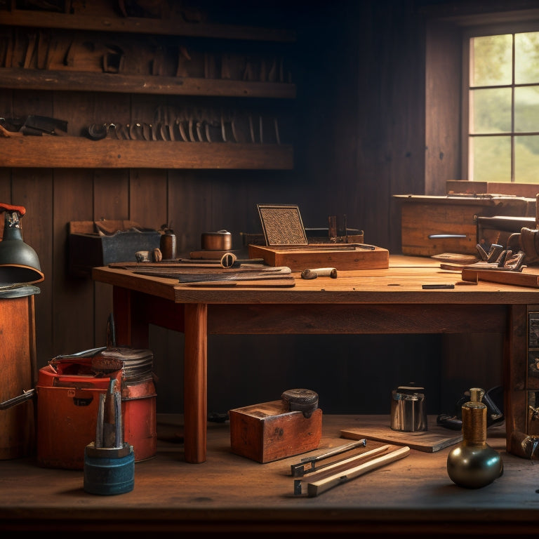 A wooden workbench with a partially built custom tool chest table on top, surrounded by various tools, wooden planks, and measuring instruments, with a subtle woodworking shop background.