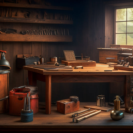 A wooden workbench with a partially built custom tool chest table on top, surrounded by various tools, wooden planks, and measuring instruments, with a subtle woodworking shop background.