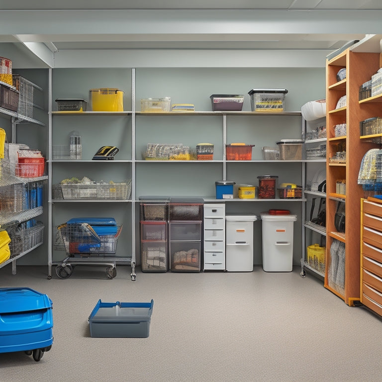 An organized garage with a senior-friendly layout: a walkway with handrails, adjustable shelving, clear storage bins, and a hydraulic lift for easy access to frequently used items.