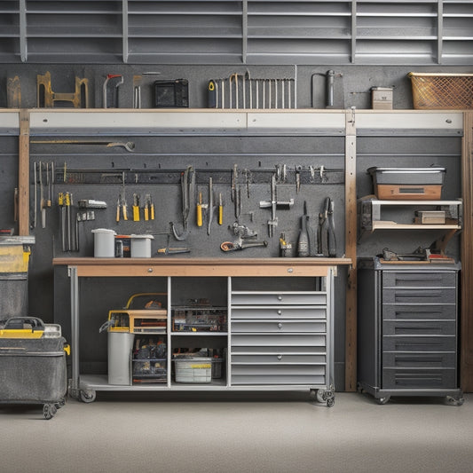 A clutter-free garage workshop with six storage drawers in a steel frame, each filled with neatly organized tools, such as wrenches, pliers, and screwdrivers, against a clean gray concrete background.