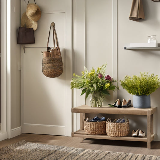 A well-lit, modern entryway featuring a sleek, wall-mounted organizer with adjustable hooks, three woven baskets, and a narrow shelf, surrounded by a few neatly arranged shoes and a vase with fresh flowers.