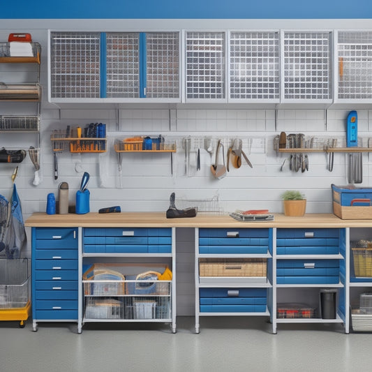 A well-organized garage with a slatwall featuring hooks, bins, and baskets, a modular shelving unit with labeled compartments, and a sleek workbench with built-in drawers and a pegboard.
