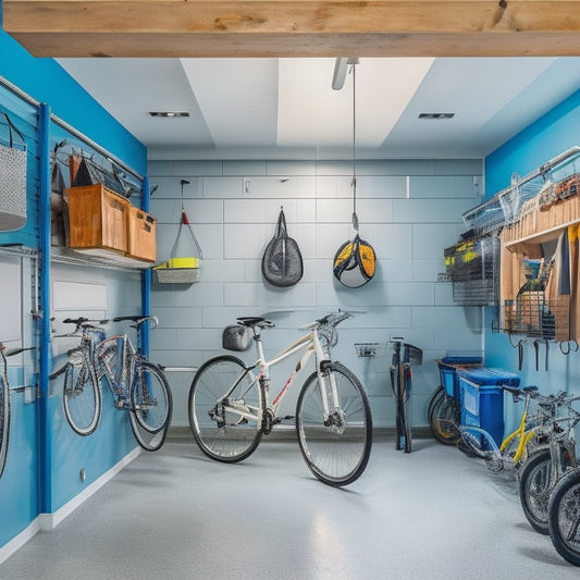 A clutter-free garage interior with multiple bicycles suspended from the ceiling using sleek, silver hooks, surrounded by organized storage bins and a few strategically placed shelves.