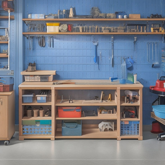 A clutter-free tiny workshop with a compact workbench, surrounded by organized tool storage solutions: pegboards, stackable bins, a wall-mounted foldable table, and a rolling cabinet with labeled drawers.