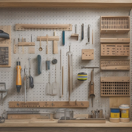 A wooden pegboard with various-sized hooks and bins, surrounded by an organized array of woodworking tools, including a tape measure, level, and chisel set, against a clean workshop background.