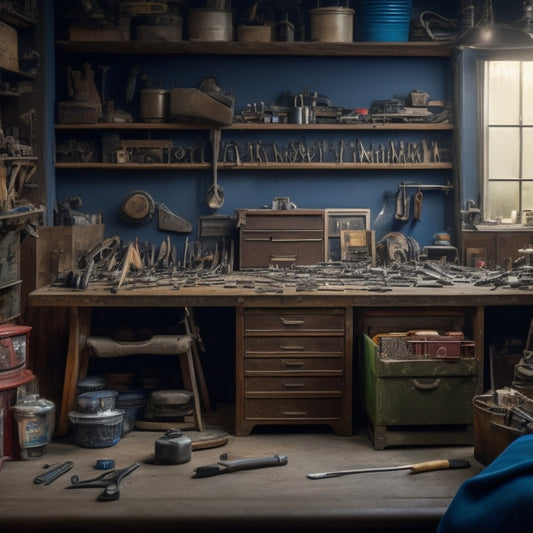 A cluttered workshop with scattered tools and a toolbox in the background, contrasted with a tidy workstation featuring a chest of organized tool storage drawers with open compartments revealing neatly arranged tools.