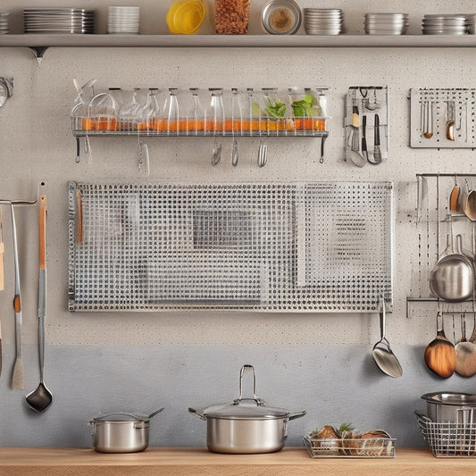 A stainless steel pegboard with NSF-listed hooks and accessories, hung on a commercial kitchen wall, surrounded by utensils, pans, and gadgets, with a blurred background of a bustling kitchen environment.