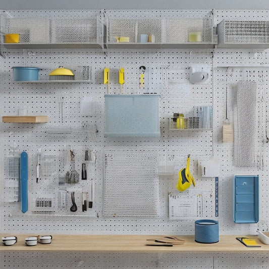 A sleek, modern pegboard with interchangeable hooks, bins, and shelves in various shapes and sizes, mounted on a light-gray wall with a subtle grid pattern, surrounded by neatly organized tools and accessories.