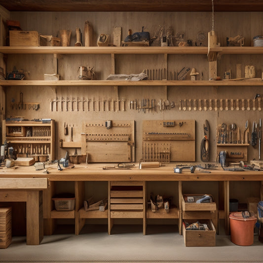 A clutter-free workshop with a large, wooden workbench in the center, surrounded by pegboards, tool organizers, and a few neatly arranged power tools, with a faint woodworking pattern on the wall.