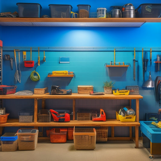 A tidy, well-lit workshop with a pegboard on the wall, holding a selection of neatly organized tools, and a few storage bins and baskets on a shelf, with a few tools peeking out.