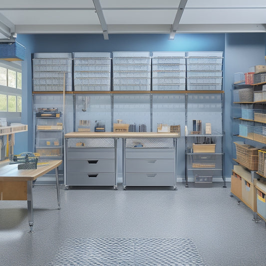 A clutter-free garage with a sleek, gray epoxy-coated floor, rows of labeled storage bins, a pegboard with hanging tools, and a workstation with a wooden countertop and metal legs.